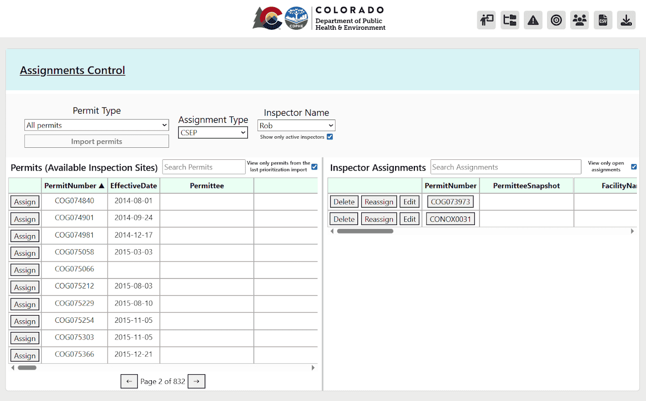 Cornflower Modules permit assignment screen for CDPHE